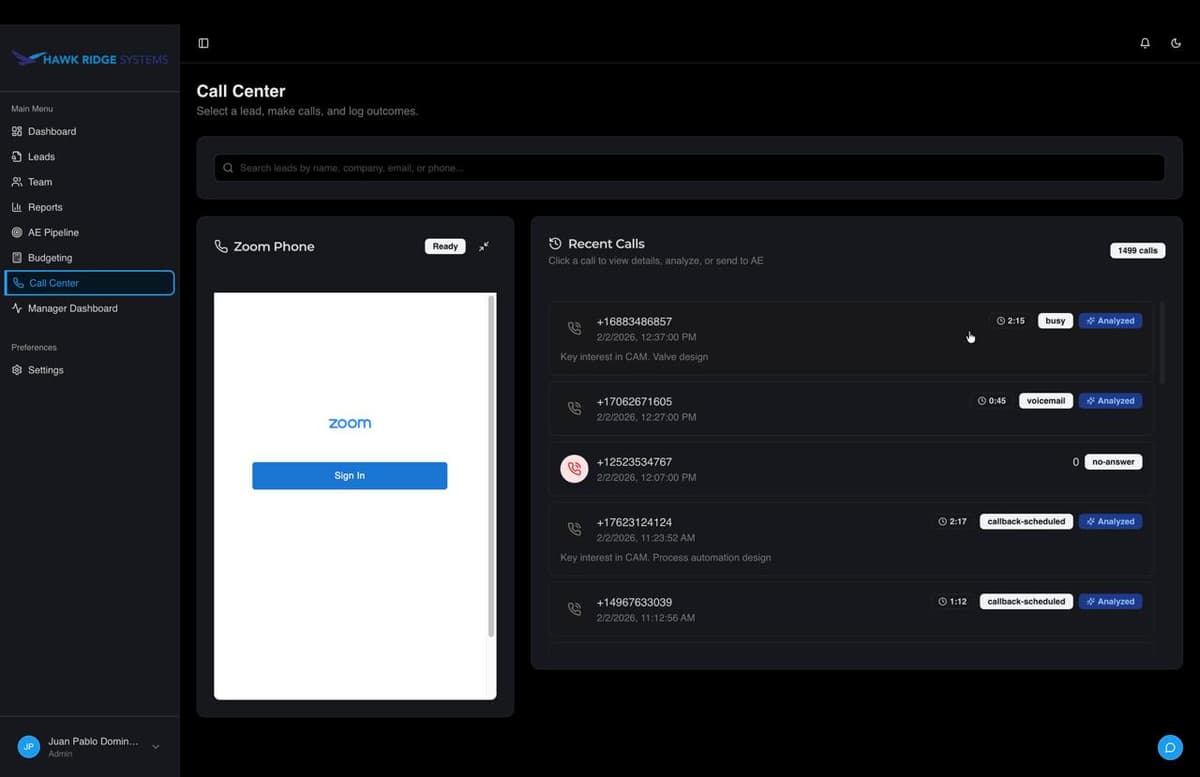 Call Center interface with Zoom Phone integration and recent calls list